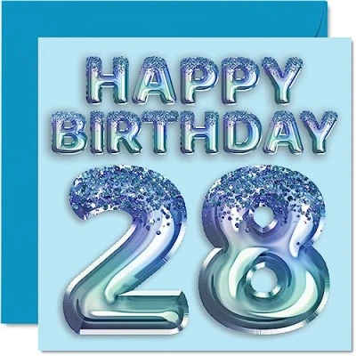 Afbeelding van Verjaardagskaart voor heren, 28 jaar, feestballon, blauw, glitter, verjaardagskaarten mannen, broer, zoon, neef, oom, 145 mm x