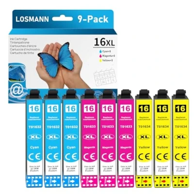 Afbeelding van LOSMANN 9 stuks 16XL inktcartridges compatibel met Epson voor Workforce WF 2760 2630 2510 2660 2750 2650 2540 2530 2520 2010 (cyaan, magenta, geel nee