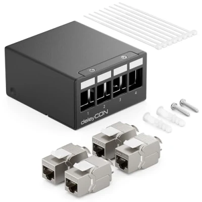 Afbeelding van deleyCON 4 Poorten CAT7 patchpanelenset met x CAT.7 RJ45 module Jack Keystone STP 10 Gbit/s compatibel CAT6 CAT6a CAT8 Ethernet LAN DSL netwerkkabel zwart