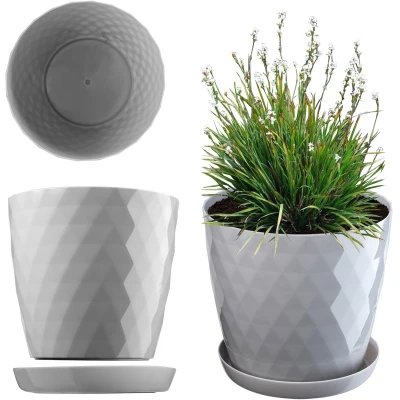 Afbeelding van KADAX Decoratieve plantenpot voor bloemen en planten met onderzetter, licht duurzaam materiaal, 25 cm, grijs