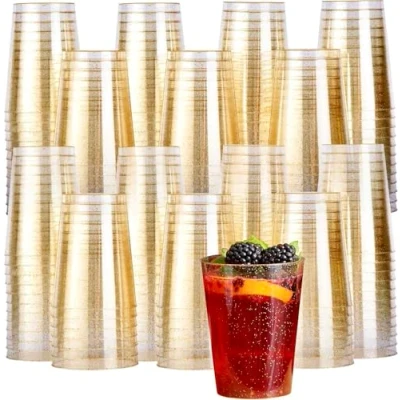 Afbeelding van MATANA 150 bekers van hard plastic, transparant, gouden glitter (285 ml), elegante en herbruikbare glazen voor verjaardagen, bruiloften, Kerstmis, barbecues, feestjes