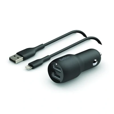 Afbeelding van Belkin autolader met twee USB poorten (24 W) Lightning kabel (Boost Charge autolader, 2 poorten; voor iPhone, iPad en AirPods)