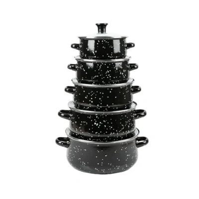 Afbeelding van Herzberg HG04128, 10 delige kookpan en braadpan met glazen deksel, zwart email, comfortabele handgrepen, veelzijdige maten (16 24 cm), superieure duurzaamheid, gemakkelijk te reinigen