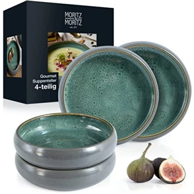 Afbeelding van Moritz &amp; SOLID Set van 4 soepborden aardewerk, 19 cm, kom aardewerk voor soep, pasta, salade of muesli