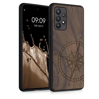 Afbeelding van kwmobile telefoonhoesje geschikt voorSamsung Galaxy A52 / 5G A52s Hoesje met bumper walnoothout In donkerbruin Vintage Kompas design