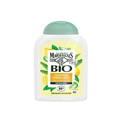 Image de Le Petit Marseillais, Shampooing Purifiant Bio Citron &amp; Aloe Vera (flacon de 240 ml) Shampoing pour cheveux gras sans sulfate et silicone 98% d&#039;ingrédients d&#039;origine naturelle