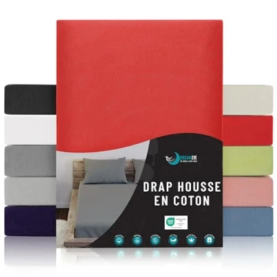 Image de Dreamzie Drap Housse 160 x 200 Rouge 100% Jersey Coton Certifié Oeko Tex 160x200 avec Bonnet 27 cm