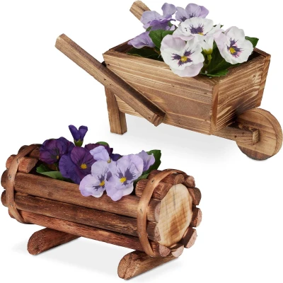 Afbeelding van Relaxdays plantenbak hout bloembak set van 2 bloempot kruiwagen tuindecoratie klein