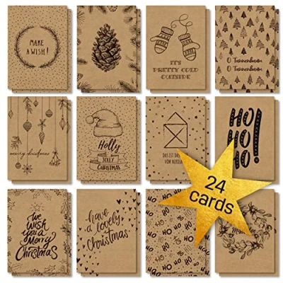 Afbeelding van SIGEL DS700 24 kerstkaarten, 12 motieven, PEFC gecertificeerd kraftpapier, met opschrift, gemakkelijk af te drukken