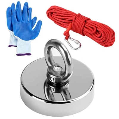 Afbeelding van Dubbelzijdige neodymium oogmagneet met 80 kg houdkracht handschoenen, magneten touw (10 m/33 voet), perfect voor magneetvissen, Ø 55 mm