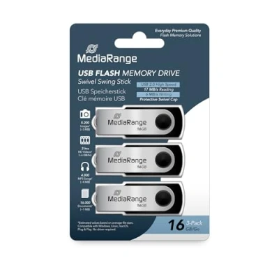 Afbeelding van MediaRange USB Stick 16 GB 2.0 Twister Zwart 3 Stuks in verpakking