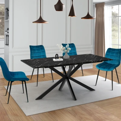 Image de Table à manger ALASKA 8 personnes effet marbre noir et pied araignée métal 160 cm