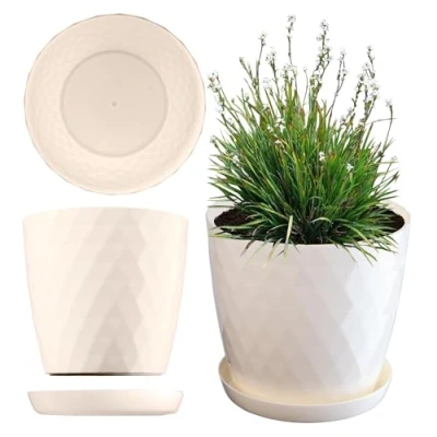 Afbeelding van KADAX Kunststof Bloempot, Plantenpot met Schotel, Decoratieve Ronde Pot voor Binnenplanten