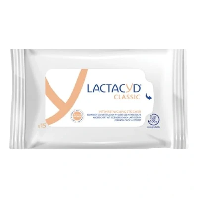 Afbeelding van Lactacyd® Classic Lot de 15 lingettes nettoyage intimes Avec pH ajusté et acide L lactique naturel Testé confirmé cliniquement Pratique pour les déplacements