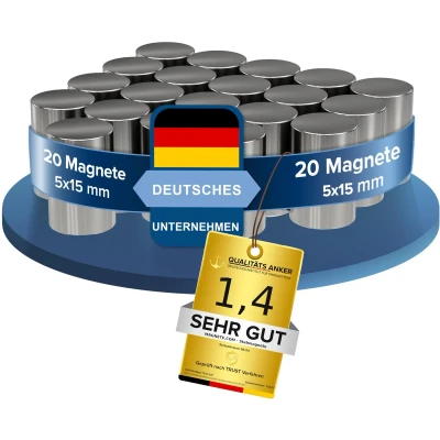 Afbeelding van 20 stuks neodymium magneten extra lang Ø 5 x 15 mm sterke hechtkracht ca. 1,2 kg voor whiteboard, prikbord, magneetbord, werkplaats