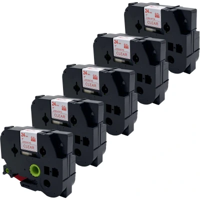 Afbeelding van DULA Brother Compatible label tape Tze 152 5 cassettes P Touch Rood op transparant 24mm x 8m