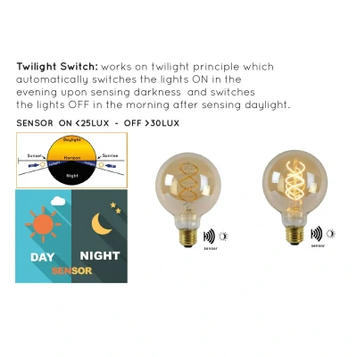 Afbeelding van Lucide G95 TWILIGHT SENSOR Filament lamp Ø 9,5 cm LED E27 1x4W 2200K Amber