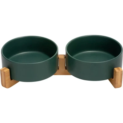 Afbeelding van Hondenbak, keramiek, dubbele hondenvoerbak met bamboe standaard, voor katten en honden, 400 ml, 1 groen