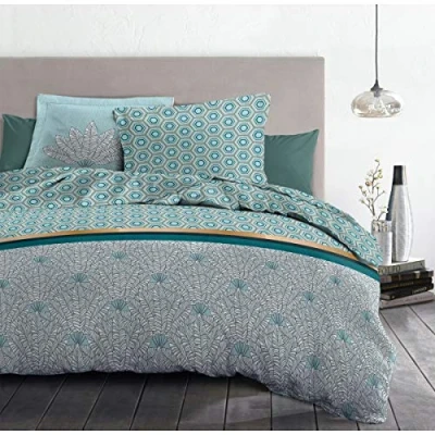 Image de Parure de couette 240x260 cm HOME LINGE PASSION LOUXOR : Housse + 2 taies d&#039;oreiller 100% Coton 57 Fils Vert