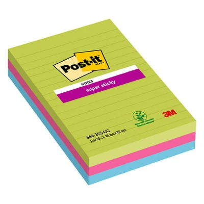 Image de Post it Bloc de 90 feuilles Super Sticky lignées Coloris assortis 102x152mm Lot 3 blocs