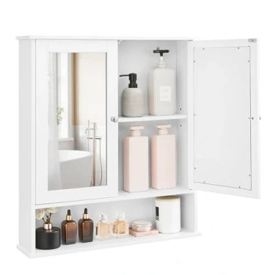Afbeelding van VASAGLE Wandkast, badkamerkast, opbergkast, hangkast, 2 spiegeldeuren en open vak, verstelbaar rek, 15 x 65 75 cm, wit LHC012W01