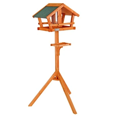 Afbeelding van Vogelhuis, voederhuis voor vogels met weerbestendig dak en standaard, voederstation vogels, vogelvoederhuis van hout, voedersilo natuurlijke kleuren