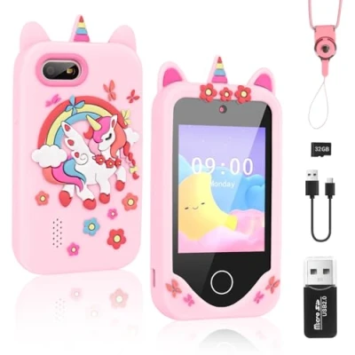 Afbeelding van Weinsamkeit Pretend Smartphone voor kinderen, camera met 32 GB SD kaart, speelgoed vanaf 3 tot 4 jaar, rollenspelspeelgoed, eenhoorn cadeau jongens en meisjes van 9 jaar