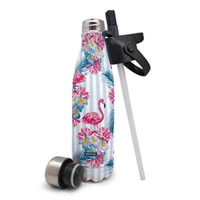 Afbeelding van NERTHUS Dubbelwandig,Roestvrij staal Flamingo Print incl. Dop met Rietje, 500 ml