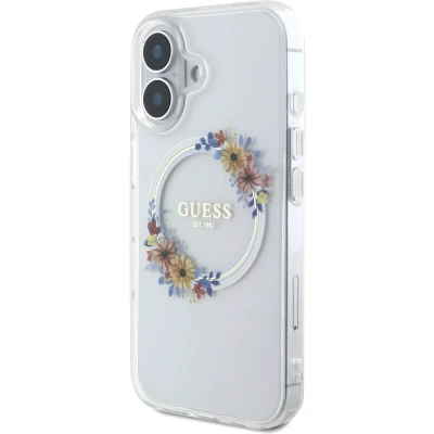 Afbeelding van Guess GUHMP16SHFWFCT iPhone 16 6.1&quot; transparante hardcase IML Flowers Wreath MagSafe