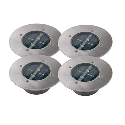 Afbeelding van Set van 4 moderne led vloerinbouwspots op zonne energie, rond, roestvrij staal/glas voor buiten