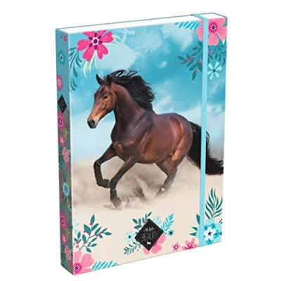 Afbeelding van Theonoi Mooi gelamineerd paardenpatroon, verzameldoos, notitieboekdoos, tekendoos, documententas met elastiek, voor kinderen, DIN A4 (paard 02)