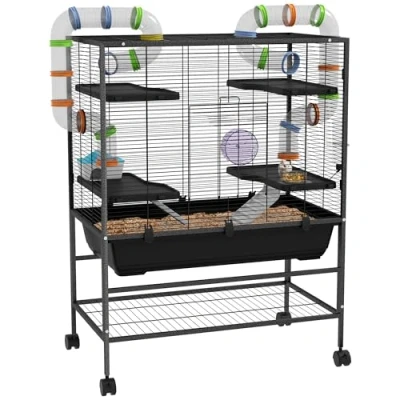 Afbeelding van PawHut cage pour hamster avec roues, tubes, étagères, rampes, roue, gamelle, bouteille d&#039;eau, cochons d&#039;Inde, gerbilles, hamsters syriens, noire