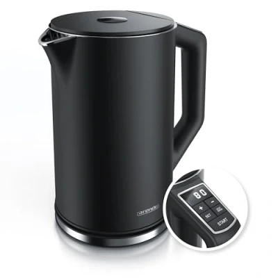 Afbeelding van Arendo roestvrijstalen waterkoker met temperatuurinstelling 40 100 graden in stappen van 5 dubbelwandige uitvoering model ELEGANT 1,5 liter 2200 W temperatuurweergave GS zwart