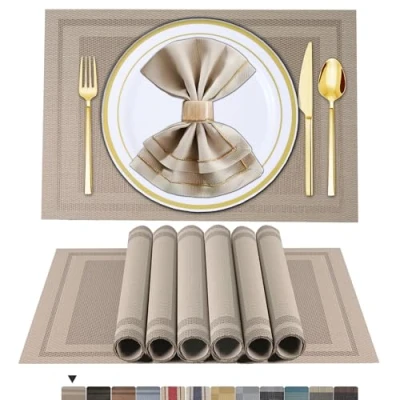 Afbeelding van Placemats, Set van 6, Geweven Vinyl, Placemats Schoonvegen Antislip Hittebestendig (Beige)