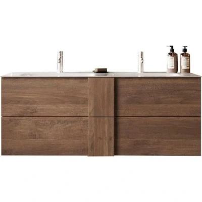 Image de Ensemble Meuble salle de bain suspendu JUNE L120 Double vasque + 2 Tiroirs Coloris chêne mercure Style scandinave