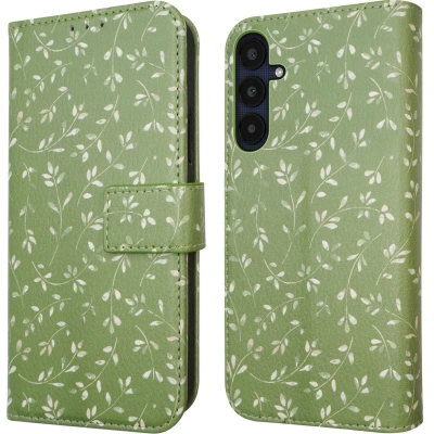 Afbeelding van iMoshion Hoesje Geschikt voor Samsung Galaxy A25 Met Pasjeshouder Design Bookcase smartphone Groen / Green Flowers