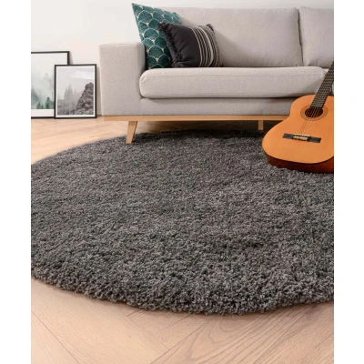 Afbeelding van Rond Hoogpolig Vloerkleed Shaggy Grand Effen Donkergrijs 240 Cm