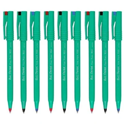 Afbeelding van Pentel Balpen, verschillende kleuren, R50, rollerbalpen, 0,8 mm punt en fijne 0,4 mm, lijnbreedte: 77% gerecycled (3 van elke kleur zwart blauw rood 9 pennen)