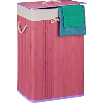 Afbeelding van Relaxdays wasmand bamboe wasbox opvouwbaar wasgoedmand met deksel badkamer waszak violet