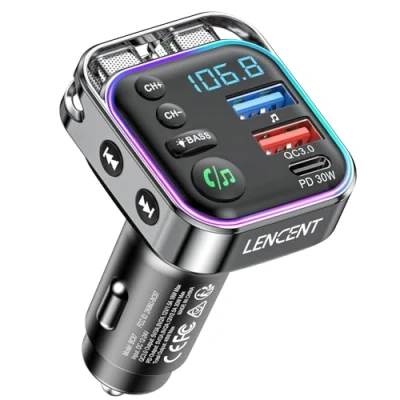 Afbeelding van LENCENT Bluetooth FM zender voor auto, sigarettenaansteker, 5.3, radio zender, snellader PD 30 W &amp; QC3.0, hifi muziek, duidelijke oproepen, adapter auto