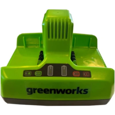Afbeelding van Greenworks 60V 6A Duolader Geschikt voor alle 60 V Batterijen Oplaadindicator Rubberen Pootjes Oververhittingsbeveiliging Groen
