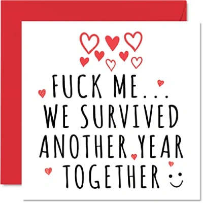 Afbeelding van Grappige Valentijnskaart voor haar hem F**k Me We Survived Another Year Valentijnsdag kaart vriendin vriend, 145 mm x wenskaarten, trouwkaarten, verjaardagskaart man vrouw partner