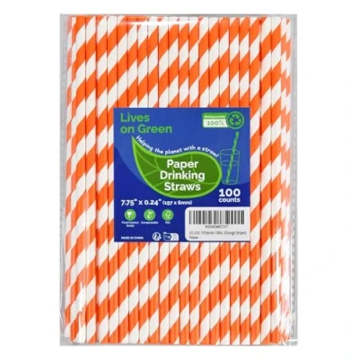 Afbeelding van Lives on Green 100 stuks composteerbare papieren rietjes, 19,7 cm, gestreept, oranje/wit, voor cocktails, sap, koffie, bars, restaurants