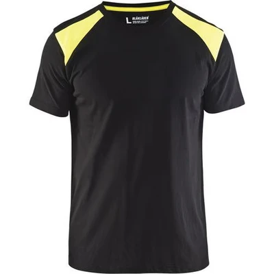Image de T shirt noir/jaune fluorescent, col maille côtelée