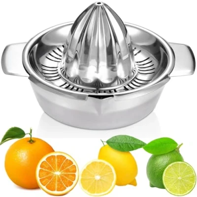 Afbeelding van Citroenpers citruspers roestvrij staal 18/8 handmatig met reservoir 350 ml, diameter 13,8 cm, vaatwasmachinebestendig, professionele kwaliteit roestvrije sappers limoenpers graperuit pers sinaasappelpers