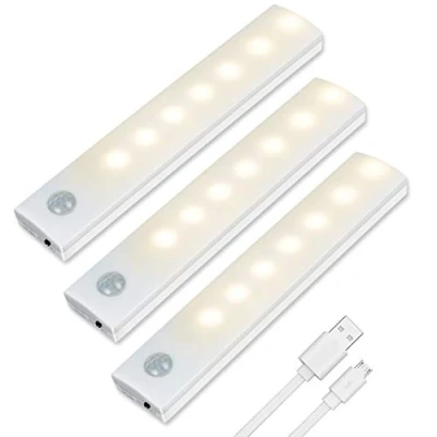 Afbeelding van Vicloon led sensorlicht, 3 stuks onder kastverlichting, kast, licht, oplaadbaar, warm wit, kastlamp met bewegingsmelder en magneetstrip, voor keuken, trap, lade, zolder, hal