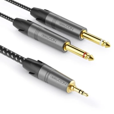 Afbeelding van deleyCON 3,5 mm stereo Y audiokabel naar 2 x 6,3 mono jackstekker, audiokabel, digitale interfacesplitter, kabel voor mixer, audiorecorder, gitaar, versterker, microfoon