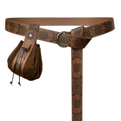 Afbeelding van HiiFeuer Middeleeuwse O ring riem met draagbare zak trekkoord, retro renaissance kunstleer en handtas voor LARP &amp; Ren Faire, Bruin D