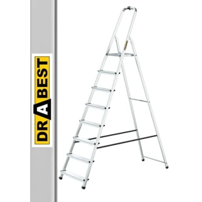 Afbeelding van DRABEST Huishoudladder, aluminium, opvouwbaar, 8 antislip aluminium treden, bereik 125 kg, met haak