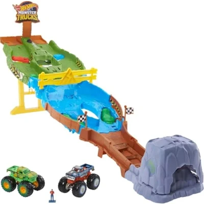 Afbeelding van Hot Wheels HJG32 Monster Trucks speelset met Bigfoot en Gunkster voor head to races, autospeelgoed kinderen vanaf 4 jaar